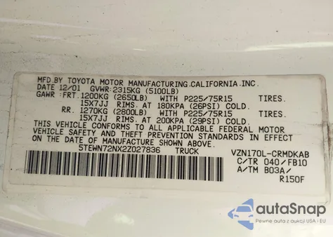 2002 Toyota Tacoma Base V6 z USA, uszkodzony, nr VIN 5TEWN72NX2Z027836